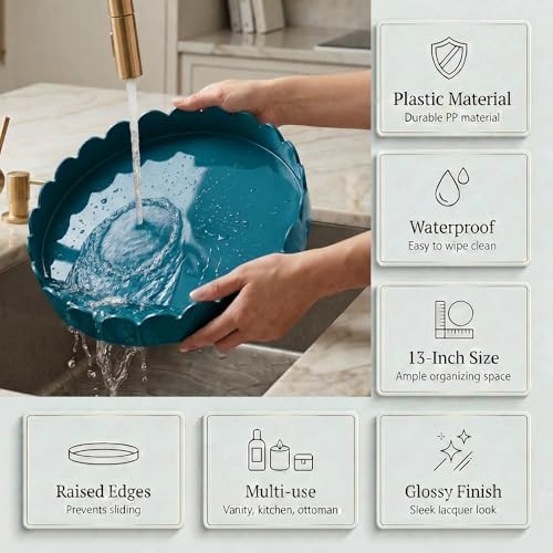 Gesodant 13" Round Scalloped Tray for Coffee Table Decor & Centerpiece, Glossy Lacquer Style Serving Tray for Ottoman, Vanity & Entryway, Modern Waterproof Catchall Tray (Deep Teal) - Image 4