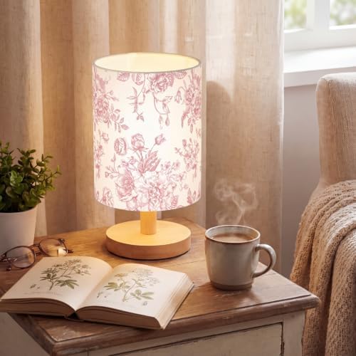 VIHOSE Pink Floral Kids Table Lamp for Bedroom Kids Bedside Lamp with Linen Wooden Nightstand Cartoon Nursery Lampshade for Girls Boys Living Room - Image 5