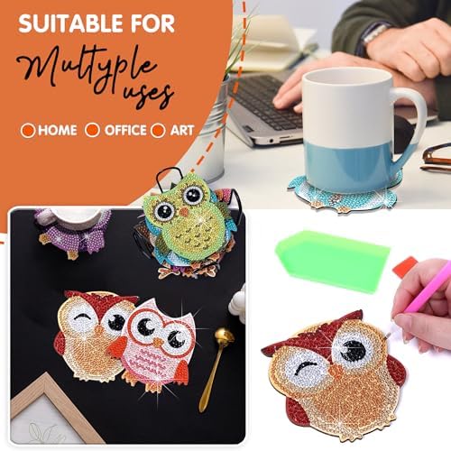 10 pcs Diamond Painting Coasters | Diamond Art Coasters | Owls Diamond Art Painting | Perfect Art Craft Gift for Owl Lover, Dad, Mom, Grandparents, Brother, Sister. - Image 5