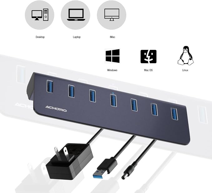 Achoro 7 Ports Powered USB HUB – 2nd Generation 10GB Super Speed External Ports – USB 3.2 Aluminium USB for Computer, Mac, PCs, Smartphone & Tablets – Computer Multiple USB A & C Hub