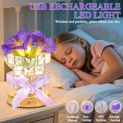 Flower Table Lamp, 3-Color Dimmable Artificial Flowers Night Light, Rechargeable Cordless Small Desk Lamp, Morning Glory with Crystal Vase for Date Party Home Decoration (MF Morning Glory-Purple) - Image 5
