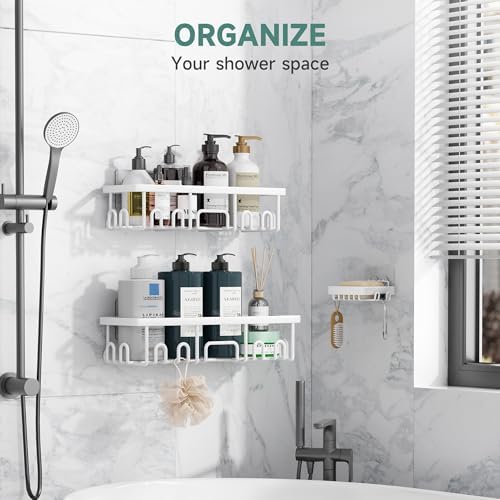 Veken Shower Caddy 3-Pack, Advanced Rustproof Design, No Drilling Adhesive Shelves, Rack with Soap Holder, Large Capacity Bathroom Organizers and Storage, Wall-Mounted Kitchen & Home Decor, White - Image 4