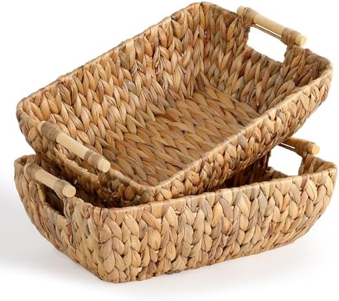Water Hyacinth Storage Baskets with Wooden Handles，Large Wicker Baskets for Organizing Set of 2 by DAICOLAD