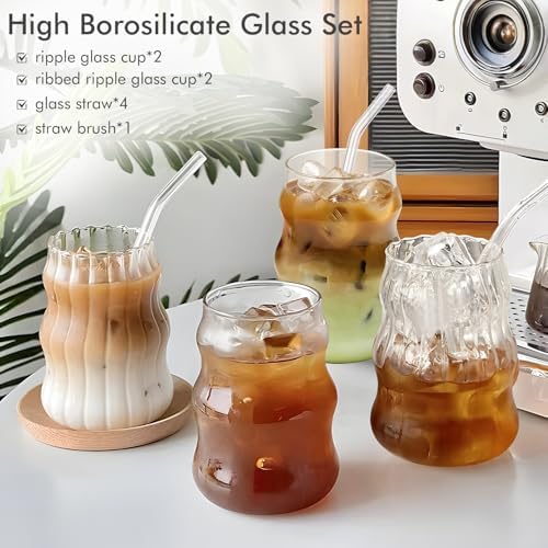 Ribbed Glass Cups Set of 4: 18OZ Vintage Aesthetic Iced Coffee Glasses with Straws, Cute Drinking Glasses with Wave Shape Design, Matcha Glass Cup Bubble Cups for Juice, Tea, Beverage, Gift - Image 3