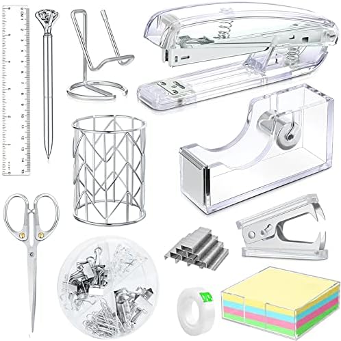 Office Desk Accessories, Acrylic Stapler, Staple Remover, Tape Holder, Pen Holder, Ballpoint Pen, Scissor, Binder Clips, 1000pcs Staples, Phone Holder, Ruler, Transparent Glue and 300 Notes by Famassi