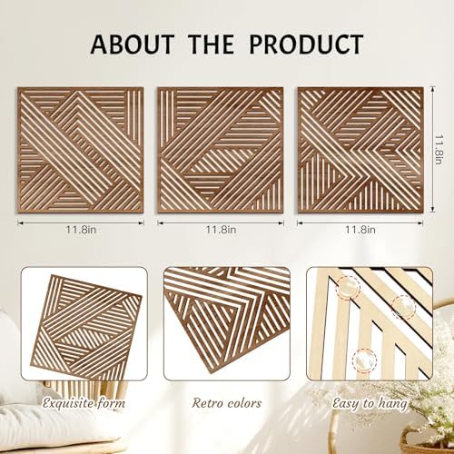 Bnesi 3 Piece Abstract Geometric Wood Wall Art Decor Modern Boho Minimalist Slatted Design Wall Sculpture Art Decor for Living Room Bedroom Home Bathroom (Exquisite, Medium) - Image 3