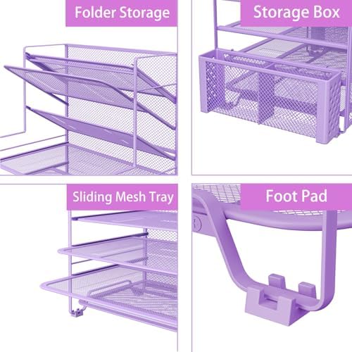 Simple Trending 7 Tier Desk File Organizer, Letter Tray Paper Organizer with Pen Holder and Metal Hanging Basket, Purple - Image 4