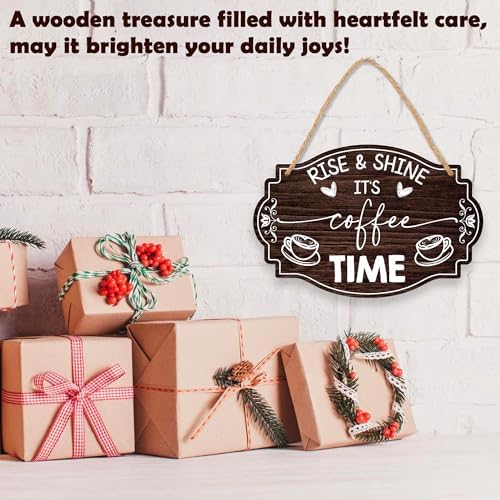 Coffee Bar Sign, Rise & Shine It's Coffee Time, 8 X 12 Inches Wooden Hanging Sign With A Hemp Rope, Kitchen Cafe Bar Station Door Decorations Wall Decor Accessories - Gifts For Friends Family - A06 - Image 6