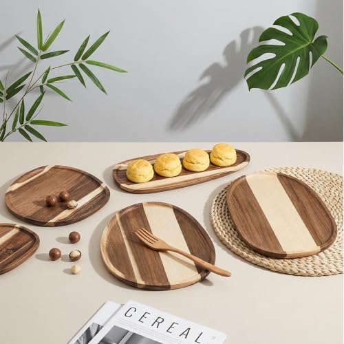 Okllen Set of 5 Small Acacia Wood Serving Platter and Trays, Irregular Oval Solid Wood Plates Serving Tray, Lightweight Wood Dinner Plates for Breakfast, Coffee, Tea, Snack, 6.3~11.7" L, 5.1~8.2" W - Image 7