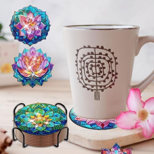 Demonwer 8 Pieces Lotus Diamond Painting Coasters with Holder DIY Cute Lotus Diamond Art Coasters 5d Lotus Diamond Coasters with Cork Pads for Beginners Adults for Christmas Holidays Gift - Image 6
