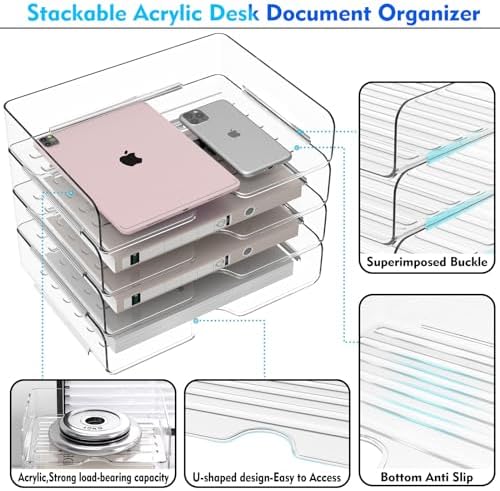 Paper Organizer Letter Tray, 4-Pack Acrylic File Organizer, Clear - Image 6