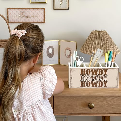 Western Pen Pencil Holder for Desk, Cowboy Gifts, Cowgirl Gifts for Women, Western Office Decor, Retro Country Howdy Southwestern Wooden Box Sign Decorations for Home Office Desk Tabletop - Image 4