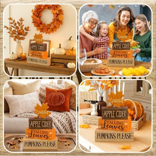 Moucuny 4 Pcs Fall Table Decor for Home, Wooden Grateful Maple Leaf Signs - Image 5