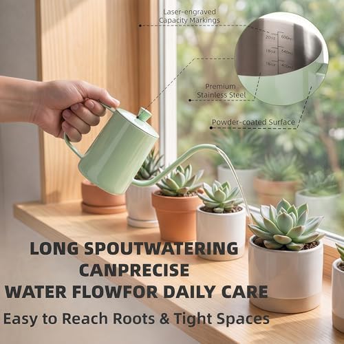 2 Pack Small Watering Can for Indoor Plants, 20 oz Metal Plant Watering Can with Long Spout for House Plants, 13.5 oz Glass Plant Mister Spray Bottle for Bonsai Garden Flowers Decorative - Image 2