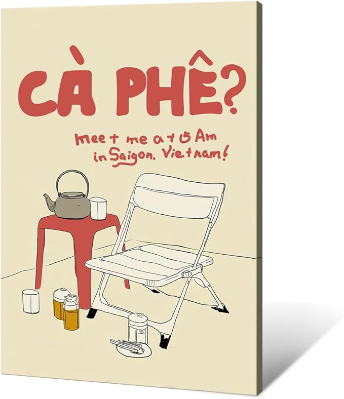 Framed Vintage Vietnamese Coffee Culture Wall Art Outdoor Folding Chair Tea Set Canvas Poster Meet Me At 5 Am In Saigon Vietnam Print Painting Minimalist Decor for Living Room Decoration 12x16inch