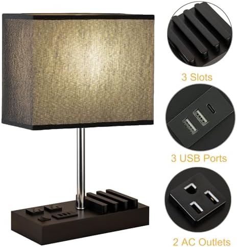 Briever USB Table Lamp, Multi-Functional Desk Lamp with 2 AC Outlets, Bedside Lamp with 3 USB Charging Ports and Wooden Phone Stands, Nightstand Lamp for Bedroom, Livingroom, Office, Black Shade - Image 2
