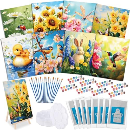 Tenceur 72 Pieces Pre Drawn Canvas Kit 8" x 10" Paint and Sip Kit for Adults DIY Painting Party Pre Printed Stenciled Canvas with Design Easels Aprons Brushes for Party Gifts (Garden) by Tenceur