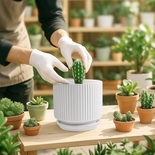 Ceramic-5.1-inch-Flower-Pots-with-Saucer, Small Planters for Indoor Plants with Drainage Hole, White Textured Vertical Stripe Plant Pots for Home Decor, Garden Pot For Succulent Cactus Mint Basil Herb - Image 2