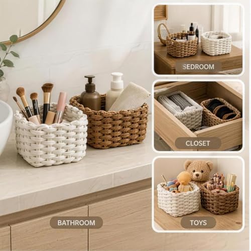 Woven Baskets 2 Pcs White and Brown, Small Storage Basket & Basket Organizer, Decorative Basket for Home, Countertop Cosmetics Toys Wardrobe Living Room Bedroom Desktop Storage and Decoration - Image 4