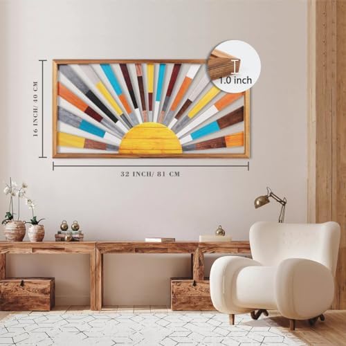 IARTTOP Large Boho Sun Wall Art Framed Wooden Art Wall Decor Rainbow Sun Rising On The Horizon Geometric Line Sunshine Wall Art for Living Room Bedroom Office 16"x32" - Image 2