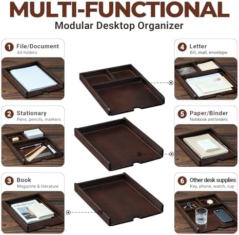 Solid Wood Desk Organizer 3-Tier Stackable Letter Tray Walnut Mail Sorter - Image 5