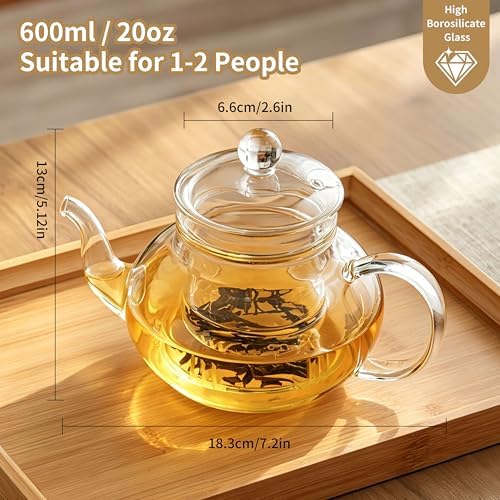 Glass Teapot with Removable Infuser, 20 oz/600ml Glass Tea Pot Small Borosilicate Tea Steeper Kettle with Loose Leaf Tea Strainer For Flower Blooming Tea, ClearTea Maker Pitcher - Image 2
