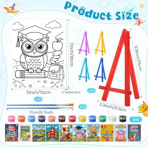 Blosssound 10 Set Back to School Pre Printed Canvas Pre Drawn Canvas Painting with Easel Kits 5" x 7" Outline Painting Panels for Beginners, DIY Craft Project, Party Favor, Home Decors - Image 2