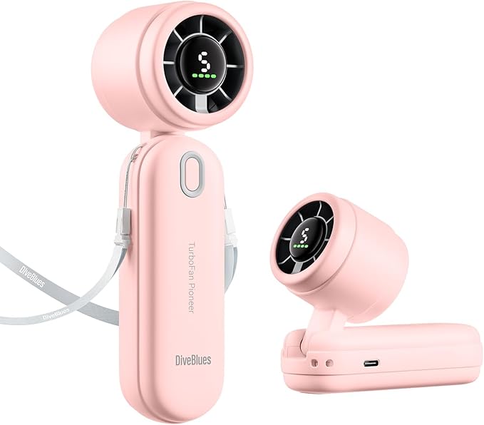 iTurbo Handheld Turbo Fan, Mini Foldable Portable Hand Fans, Rechargeable Battery, 5 Gear High Speeds Led Display,Powerful Airflow, 12Hrs Cooling Small Fan Travel Essentials Beach, Outdoor, Work