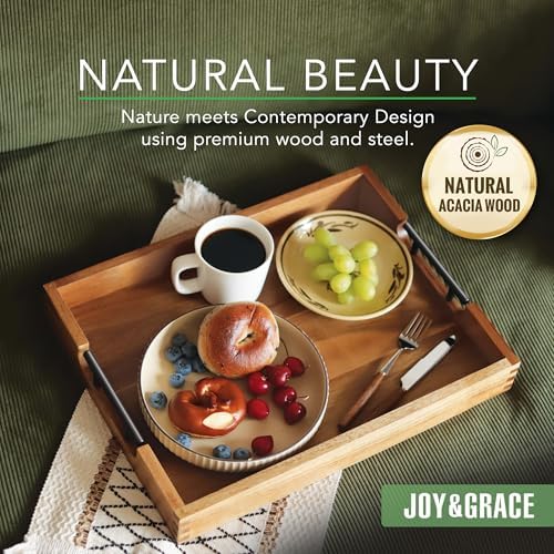 Joy&Grace Acacia Wood Ottoman Tray with Handles 16.7" x 12.8" - Image 2