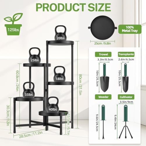 iDavosic.ly 5 Tier Large Plant Stand with Garden Tools, 10 Inch Tray, Black - Image 2