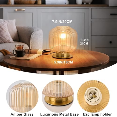 Ribbed Amber Glass Table Lamp, Mid Century Modern Nightstand Light with Gold Base, Plug-in Desk Lamp for Bedroom Living Room Office Study - Image 4