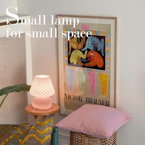 ONEWISH Mushroom Lamp-Small Bedside Table Lamp with Striped Glass, Nightstand Lamp for Bedroom, Living Room, Cafe, Bulb Included, Home Decor for Girls Women, Pink - Image 5
