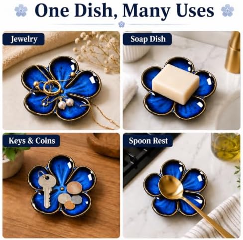 Ceramic Flower Jewelry Ring Trinket Dish Tray for Women, Sapphire Blue - Image 5