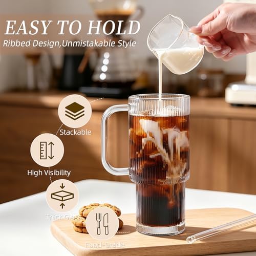Iced Coffee Cups with Lids: Coffee Bar Accessories - Ribbed Glass Tumbler with Straw and Lid 4 Pack - 24oz Tumbler Leak Proof - Glass Cups Tumbler with Lid and Straws - Coffee Tumbler with Handle700ml - Image 3