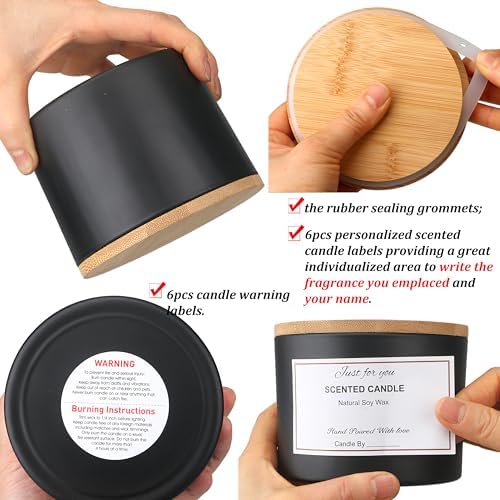 MILIVIXAY 6 Pack 16 oz Candle Jars with Bamboo Lids and Candle Making Kits - 3 Wick Candle Jar,Bulk Empty Matte Black Thick Glass Jars for Making Large Candles - Spice, Powder Containers. - Image 5