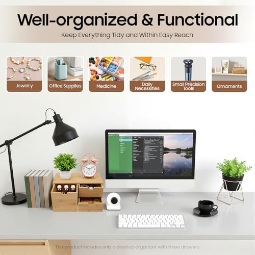 TFCFL Bamboo Desk Organizer with 3 Drawers, Wood Desktop Storage Box for Office Supplies, Natural Bamboo Drawer Organizer with Flat Top for Pen, Mail, Stationery Home Office Organization - Image 3