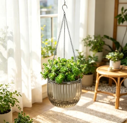 Melphoe 2 Pack Self Watering Hanging Planters Indoor Flower Pots, 5.3/8.3 Inch Outdoor Hanging Basket, Plant Hanger with 3Hooks Drainage Holes for Garden Home (Gray) - Image 3