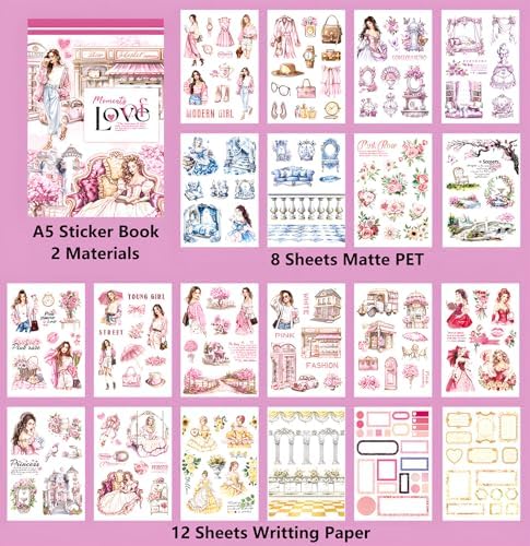 YagCu Journal Sticker Book, Moment of Love Scrapbook Stickers, Junk Journal Supplies, Pre-Cut Aesthetic Scrapbooking and Journaling for Women, Pink Decorative Ephemera Bullet Planner DIY Arts - Image 4