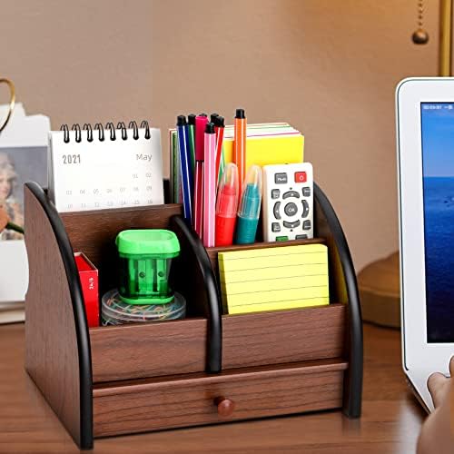 Foraineam Wooden Desk Organizer with Drawer, Remote Control Holder Caddy, Makeup Organizers, Wood Pencil Holder Desktop Supplies and Stationery Rack for Home Office School Tabletop Accessories Storage - Image 5
