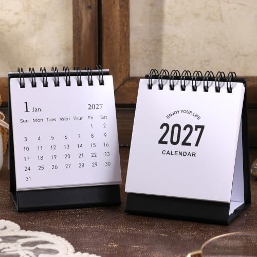 Mini Desk Calendar 2027-2028- Small Desktop Calendar January 2027 to June 2028 Mini Daily Schedule Thick Paper Twin-Wire Binding with Stickers for Home Office School (Black-white) - Image 4