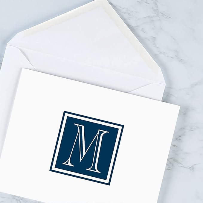 Navy Monogram White Personalized Note Cards - Set of 24, Envelopes Included, 4.25" x 5.5", Initial