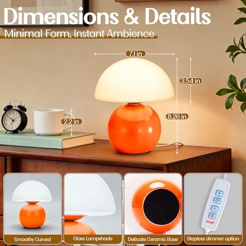 Cute Small Mushroom Lamp Decor,USB-Plug in Bedside Table Lamps with 3-Temperature LED Bulb Dimmable,Modern Aesthetic Home Decor for Livingroom/Bedroom/Dorm/Nursery (Orange with Plug) - Image 5