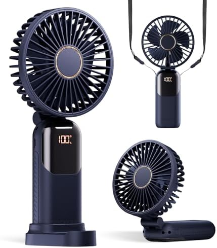 GOCKERA Portable Fan, 4200mAh Battery Operated Fan, 5 Speeds&Digital Display, Makeup Fans for Women with Base, 180°Foldable 3in1 Handheld/Neck/Desk Fan for Outdoor Indoor,Ultra Quiet (Blue) by GOCKERA