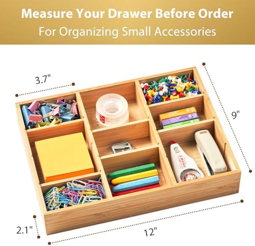 Umilife Bamboo Desk Drawer Organizer, Wood Junk Organizer Tray with Adjustable Dividers, Anti-Skip Storage Organization in Office Bathroom Drawer for Vanity, Makeup, 12" x 9" - Image 3