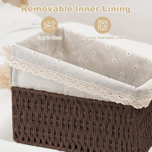 Large Wicker Storage Basket with Liner, Hand-Woven Paper Rope Rattan Organizer Bin for Pantry, Countertop, Bathroom, Bedroom, Shelves (Dark-Brown, L) - Image 5