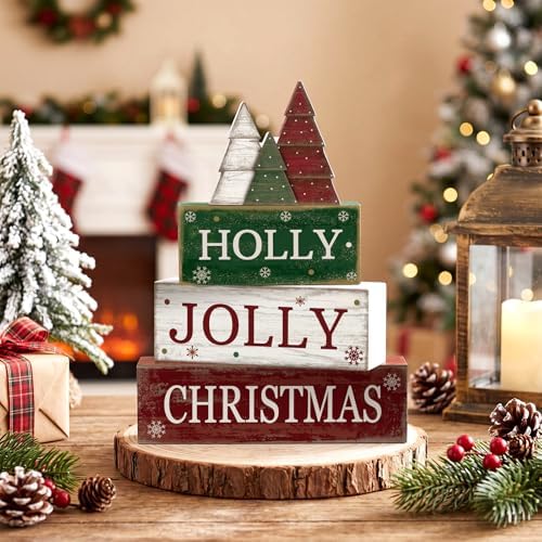 Moucuny 4 Pcs Christmas Centerpiece Wood Block Signs Holly Trees - Image 2