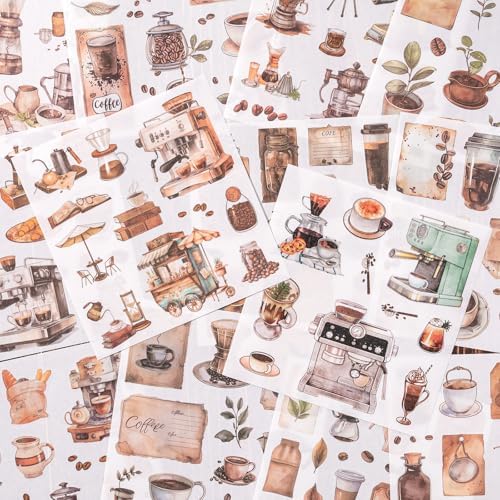 YagCu Coffee Sticker Book, 50 Sheets Journaling Stickers, Junk Journal Supplies, Pre-Cut Aesthetic Washi Materials, Watercolor Scrapbook Stickers for Adults, Decorative Ephemera Planner DIY Arts Craft - Image 3