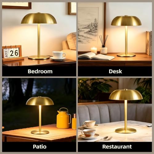 2 Pack Portable LED Mushroom Table Lamp, 12H Cordless Metal Night Light with Rechargeable Battery, Stepless Dimmable 3 Colors Desk Lamp for Bedroom Bar Coffee Shop(Brushed Gold) - Image 6