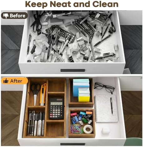 KOCWELL Bamboo Desk Drawer Organizer with Removable Dividers,Multi-Use Office Drawer Organizer Tray,Junk Drawer Organizers for Office,School,Kitchen,Makeup Supply（Carbon Brown） - Image 4