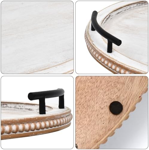 SwallowLiving 18Inch White Wooden Beaded Serving Tray with Handle Decorative Rustic Whitewashed Tray for Coffee Table Farmhouse Round Tray for Kitchen, Living Room and Bedroom - Image 5